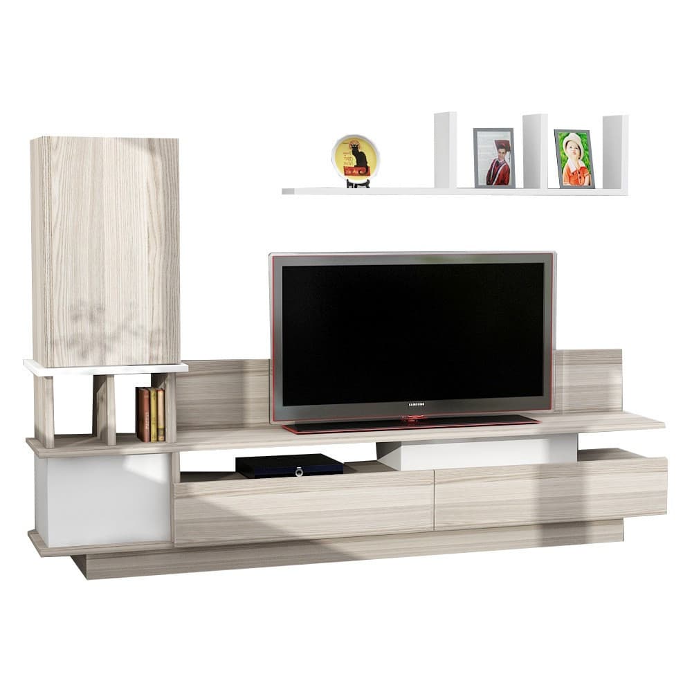 Meuble TV avec étagère murale en bois "Como" - 149 x 31 x 117 cm - Gris clair