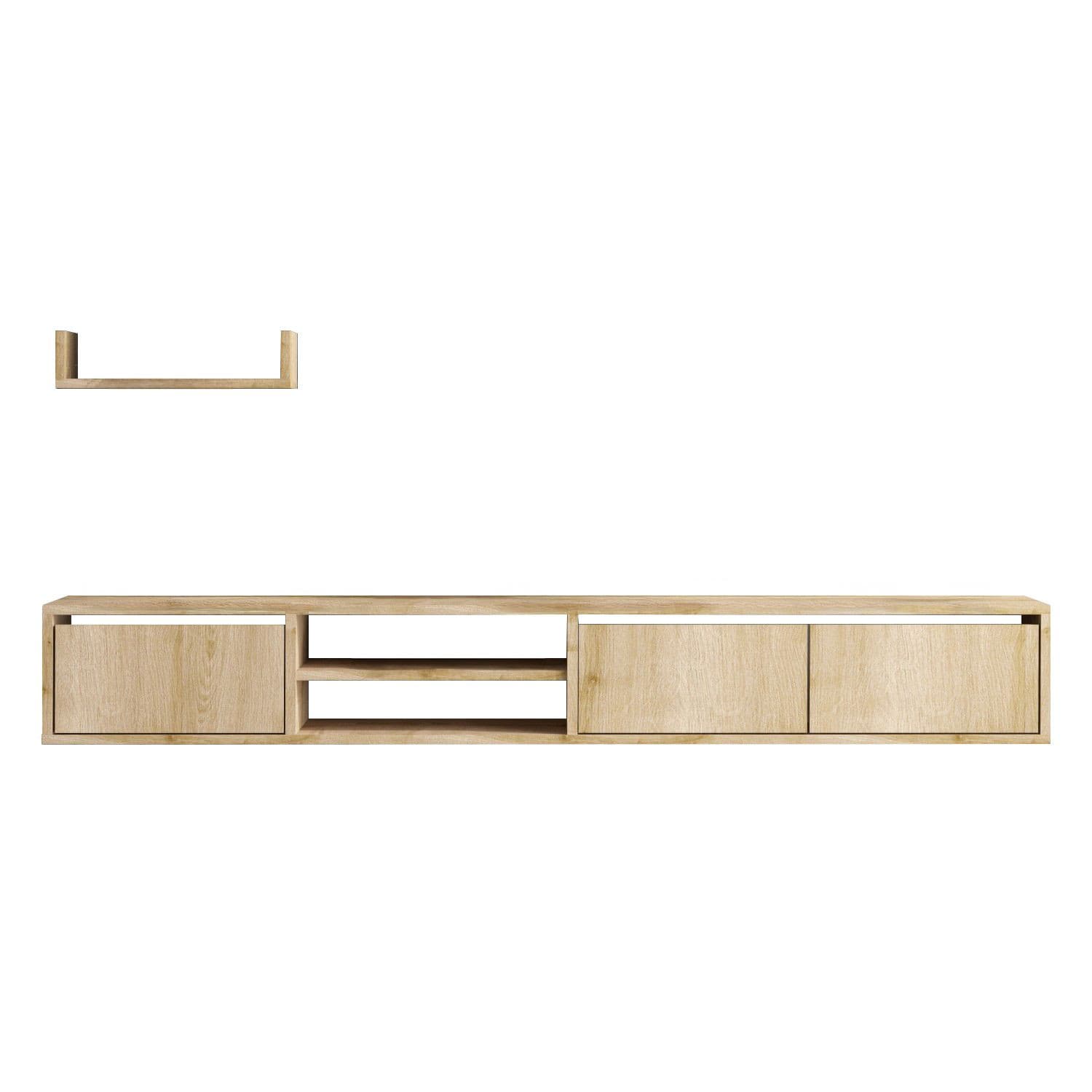 Meuble TV suspendu avec étagère murale en bois "Heka" - 180 x 30 x 25 cm - Beige