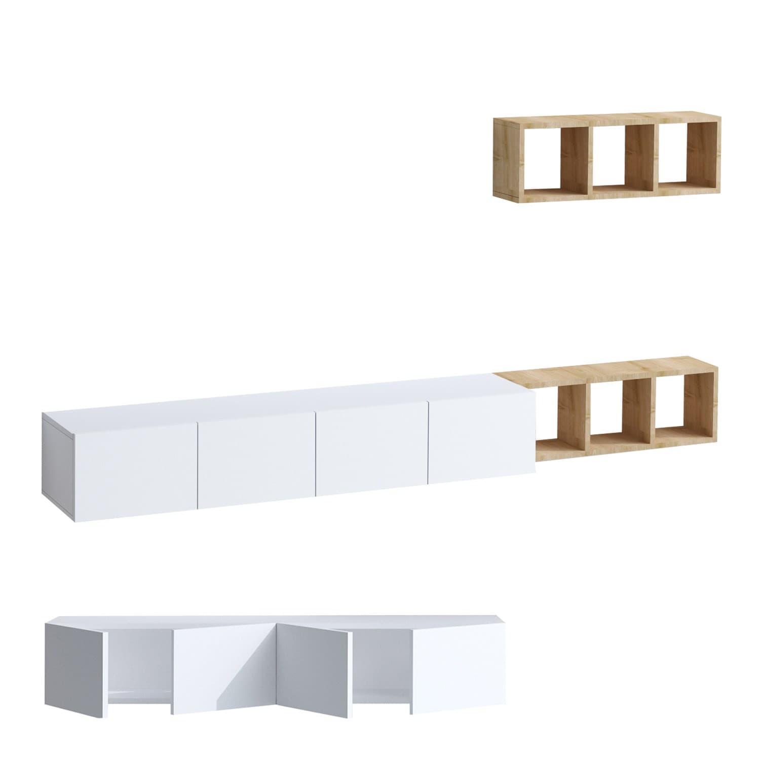 Meuble TV suspendu avec étagère murale en bois "Pia"- 215 x 32 x 25 cm - Blanc